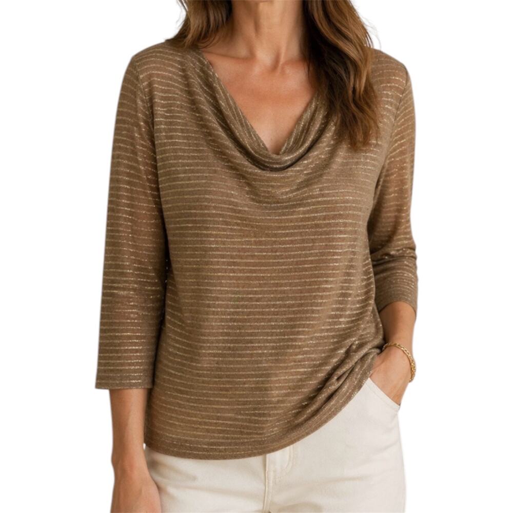 Eileen Fisher Metallic Striped Draped Cowl‎ Neck Knit Top Tan Gold Size Large